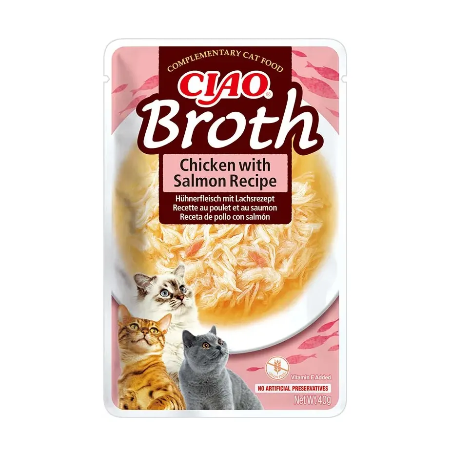 Front packaging of Ciao BROTH Chicken with Salmon Recipe