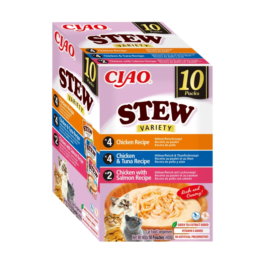 Front packaging of Ciao STEW Chicken Variety, 10 tubes pack