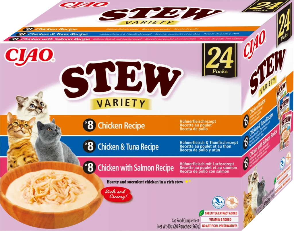 Front packaging of Ciao STEW Chicken Variety, 24 tubes pack