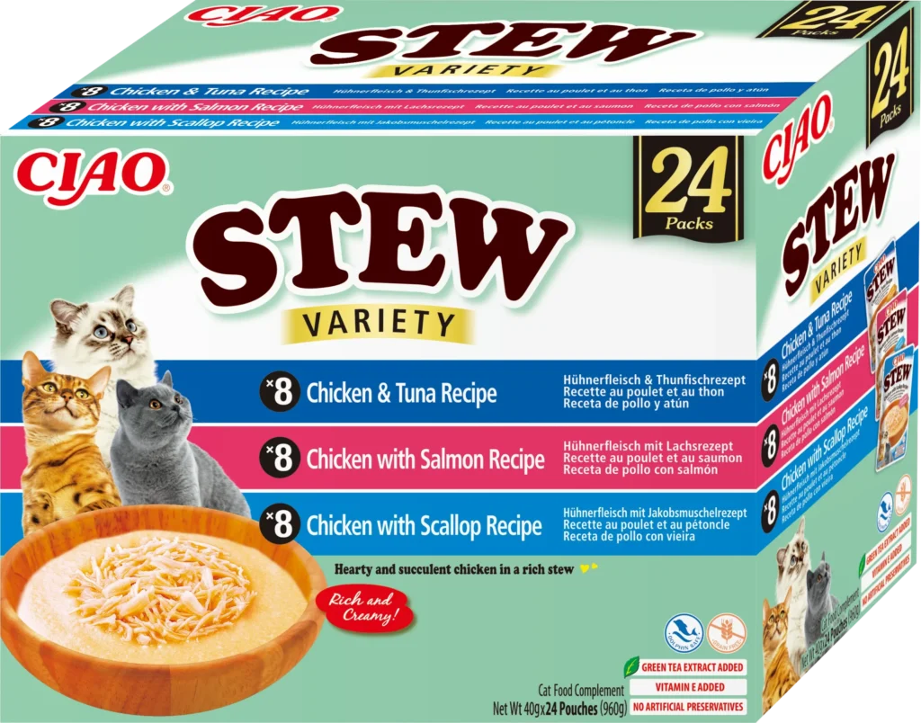 Front packaging of Ciao STEW Chicken and Seafood Variety, 24 tubes pack