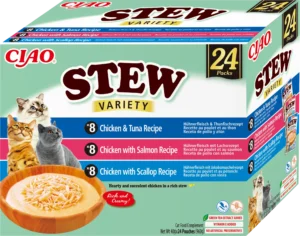 Front packaging of Ciao STEW Chicken and Seafood Variety, 24 tubes pack