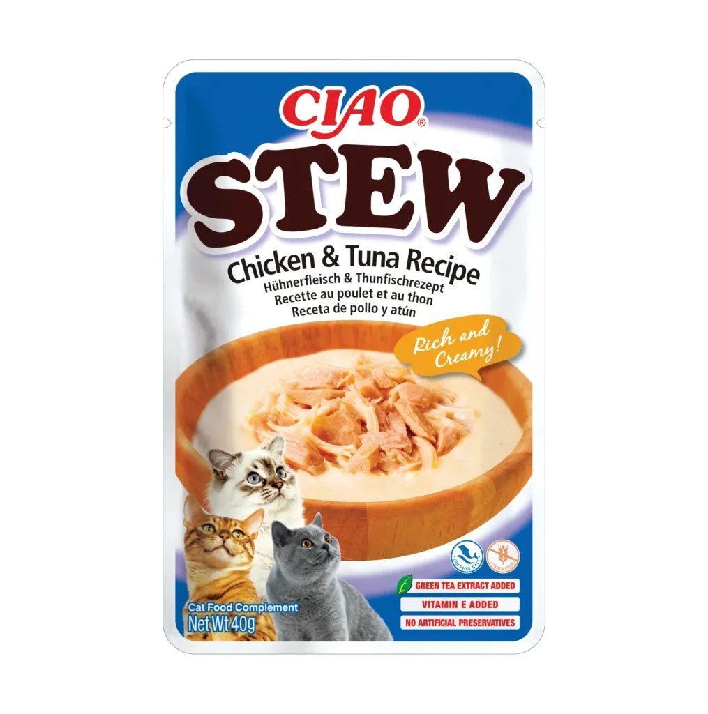 Front packaging of Ciao STEW Chicken & Tuna Recipe