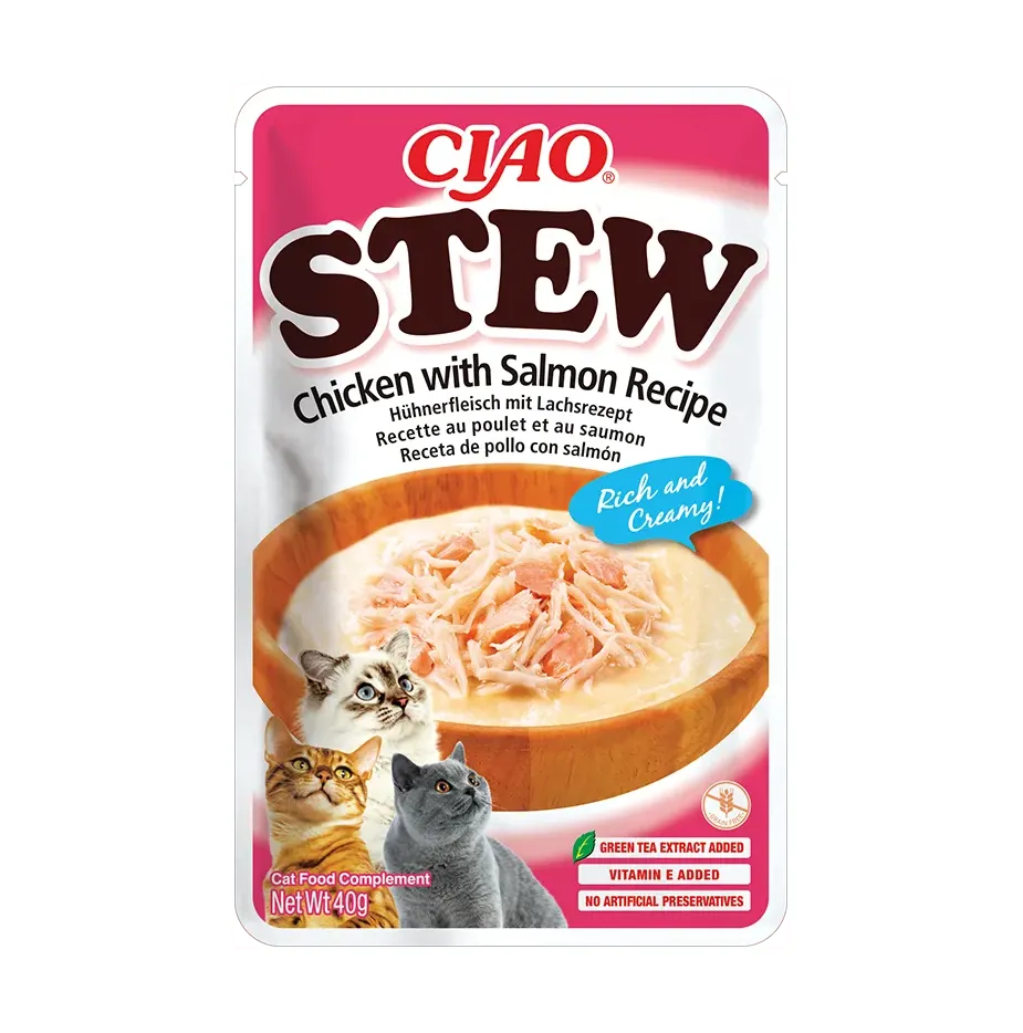Front packaging of Ciao STEW Chicken with Salmon Recipe