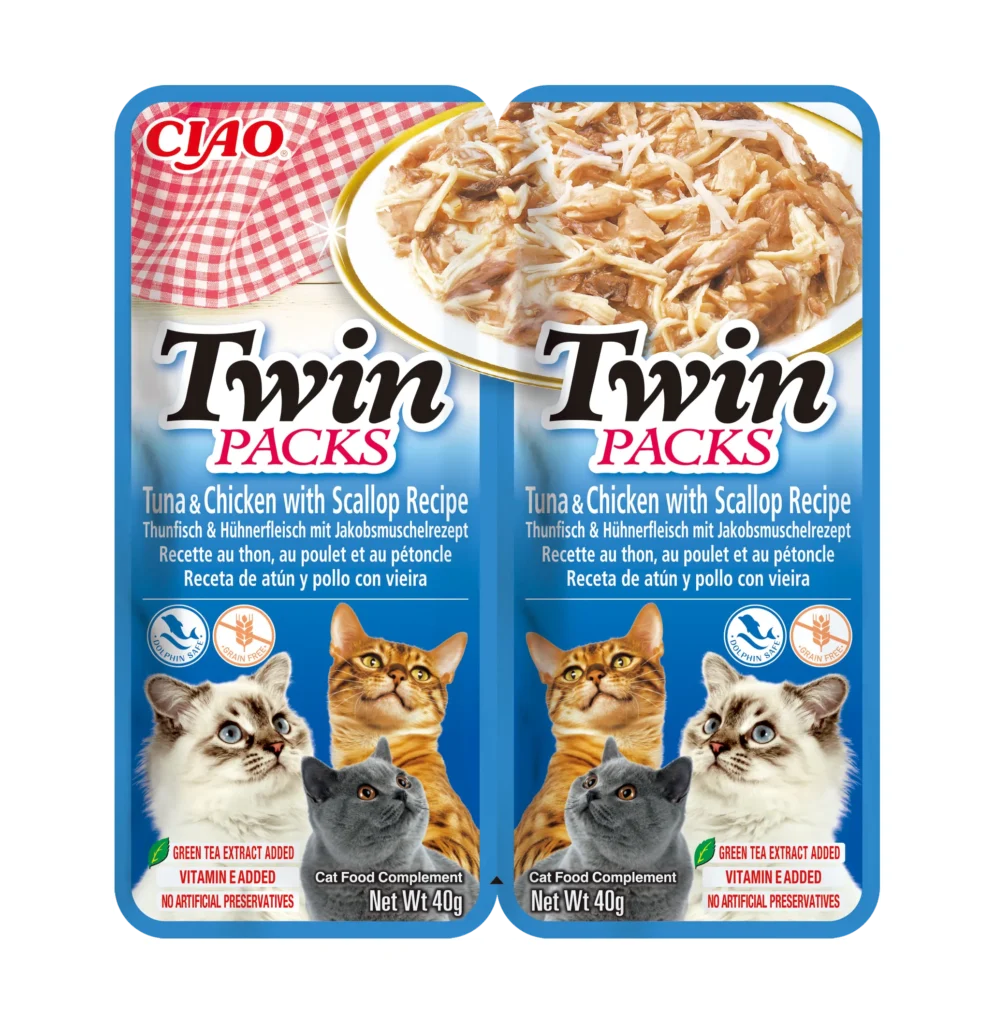 Front packaging of Ciao TWIN PACKS Tuna & Chicken with Scallop Recipe in Scallop Broth