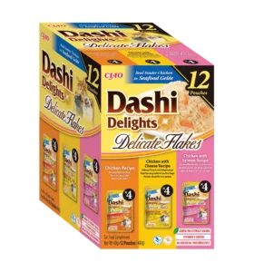 Front packaging of Dashi Delights DELICATE FLAKES 12P Chicken Variety, 12 tubes pack