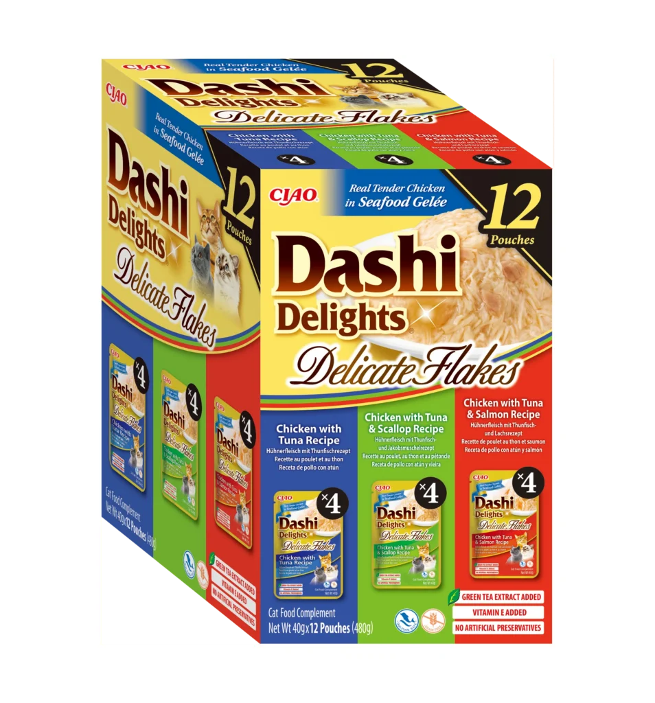 Front packaging of Dashi Delights DELICATE FLAKES 12P Tuna Variety, 12 tubes pack