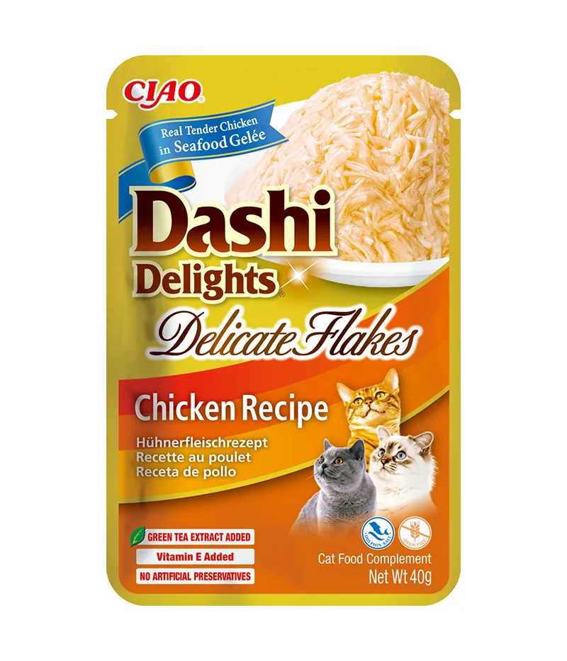 Front packaging of Dashi Delights DELICATE FLAKES Chicken Recipe