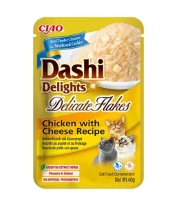 Front packaging of Dashi Delights DELICATE FLAKES Chicken with Cheese Recipe
