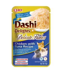 Front packaging of Dashi Delights DELICATE FLAKES Chicken with Tuna Recipe
