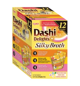 Front packaging of Dashi Delights SILKY BROTH 12P Chicken Variety, 12 tubes pack