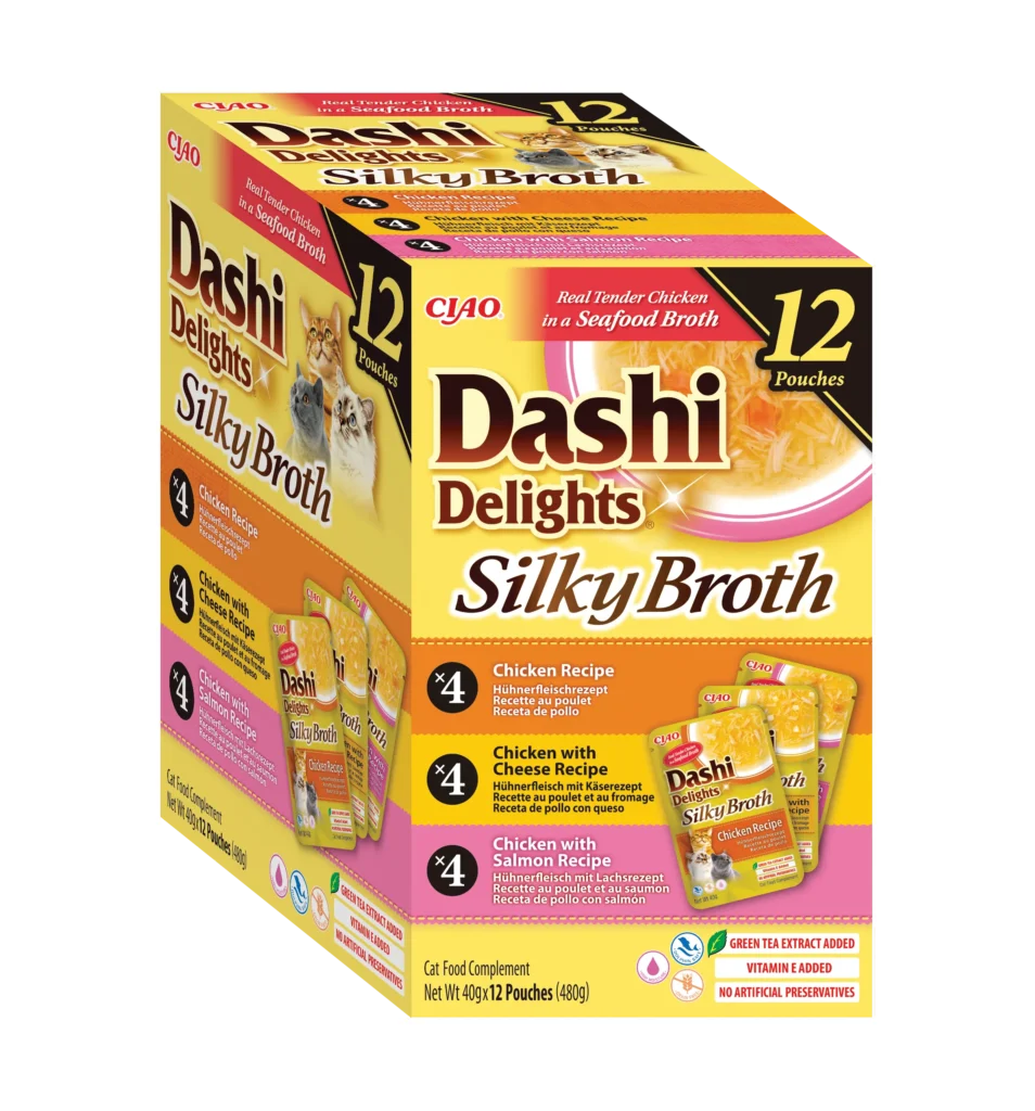 Front packaging of Dashi Delights SILKY BROTH 12P Chicken Variety, 12 tubes pack
