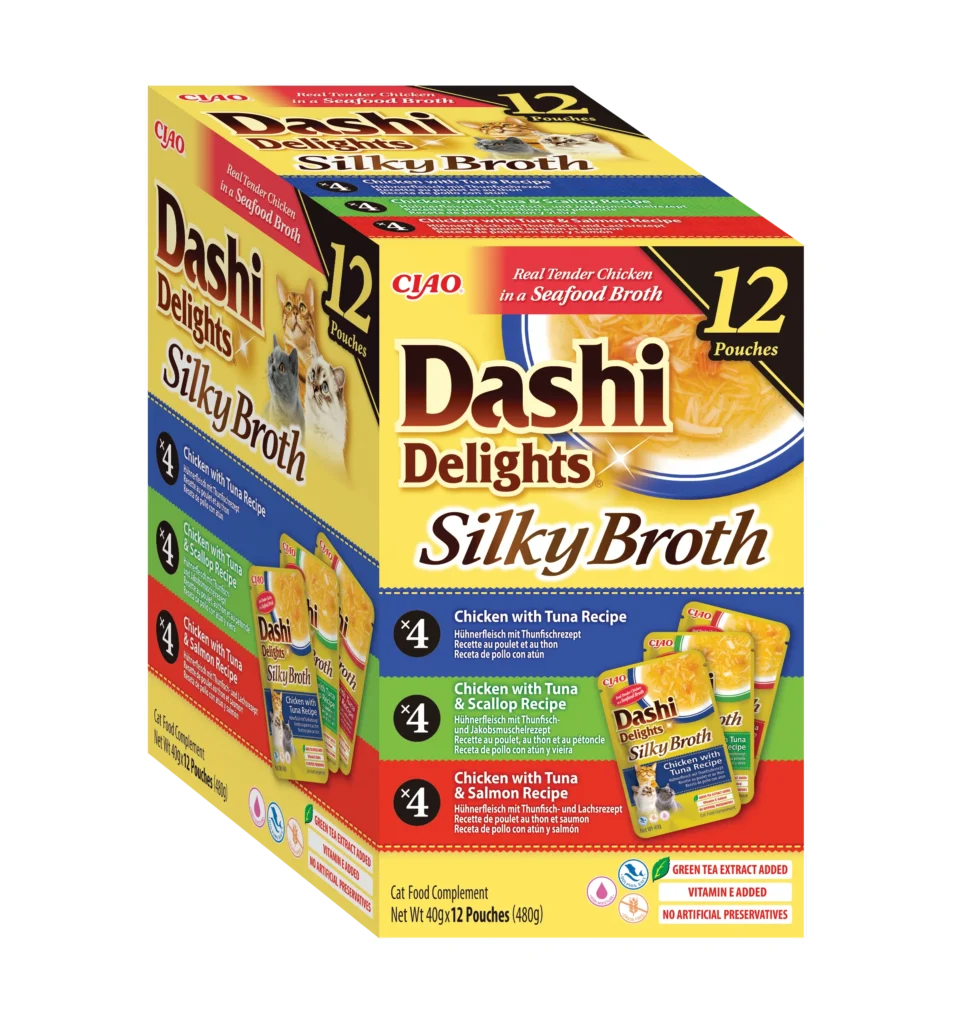 Front packaging of Dashi Delights SILKY BROTH 12P Tuna Variety, 12 tubes pack