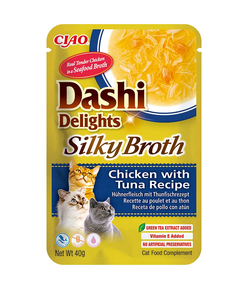 Front packaging of Dashi Delights SILKY BROTH Chicken with Tuna Recipe