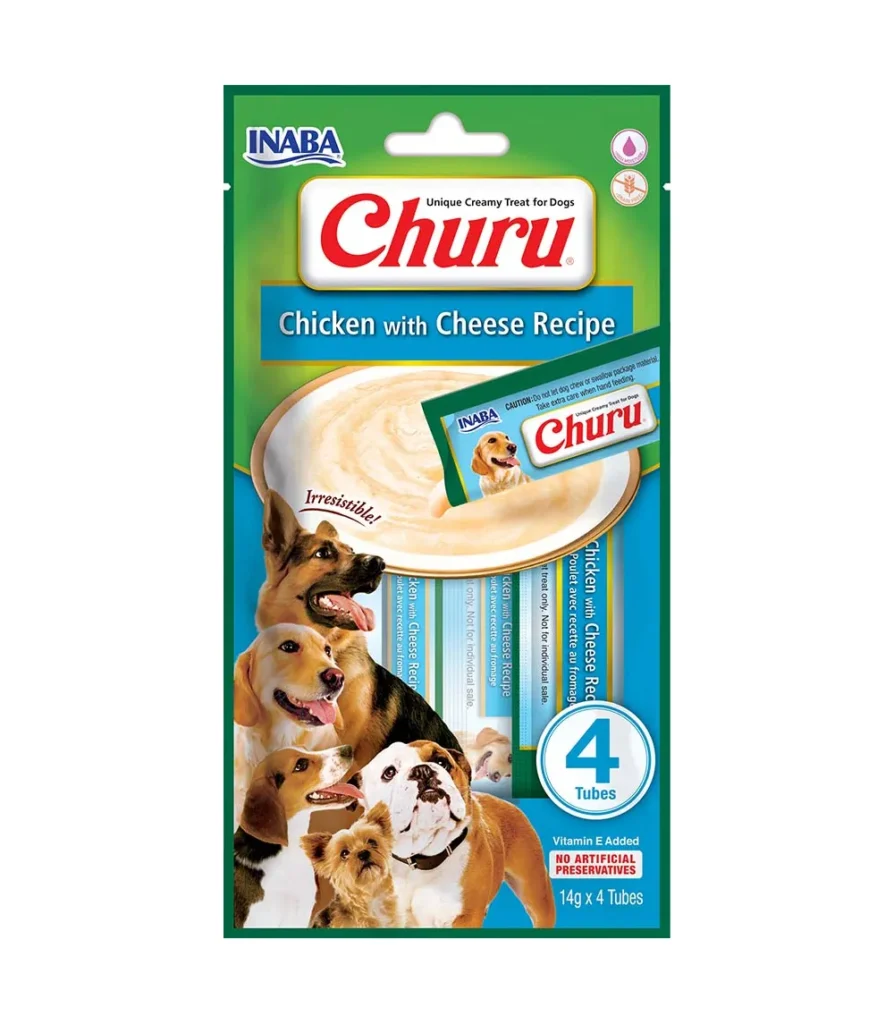 Front packaging of Dog Churu 4P Chicken with Cheese Recipe, 4 tubes pack