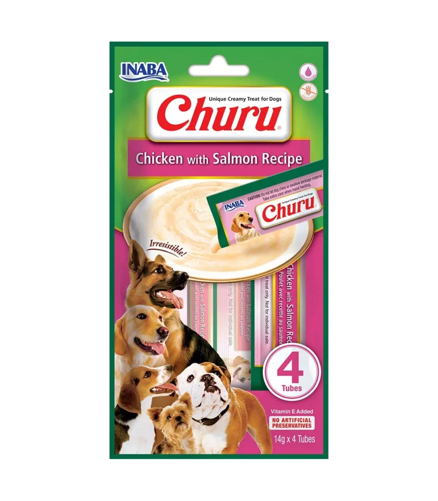 Front packaging of Dog Churu 4P Chicken with Salmon Recipe, 4 tubes pack