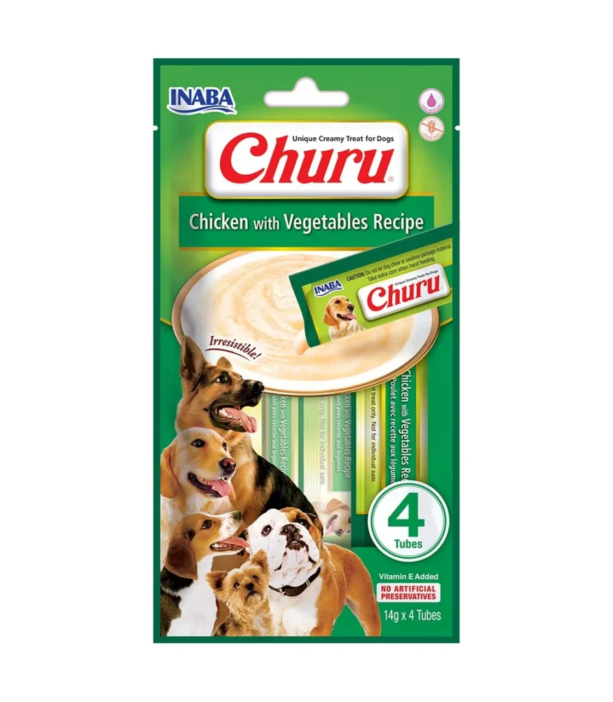 Front packaging of Dog Churu 4P Chicken with Vegetable Recipe, 4 tubes pack