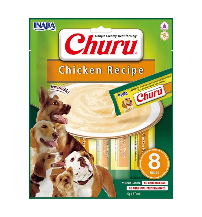 Front packaging of Dog Churu 8P Chicken Recipe, 8 tubes pack