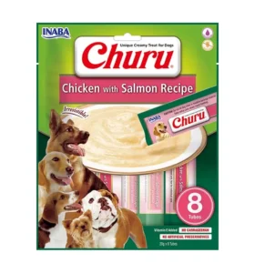 Front packaging of Dog Churu 8P Chicken with Salmon Recipe, 8 tubes pack