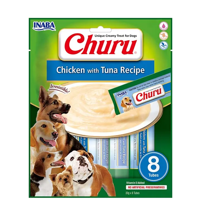 Front packaging of Dog Churu 8P Chicken with Tuna Recipe, 8 tubes pack