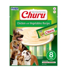 Front packaging of Dog Churu 8P Chicken with Vegetable Recipe, 8 tubes pack