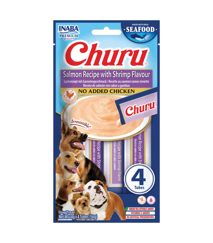 Front packaging of Dog Churu FISH Salmon with Shrimp Flavor Recipe