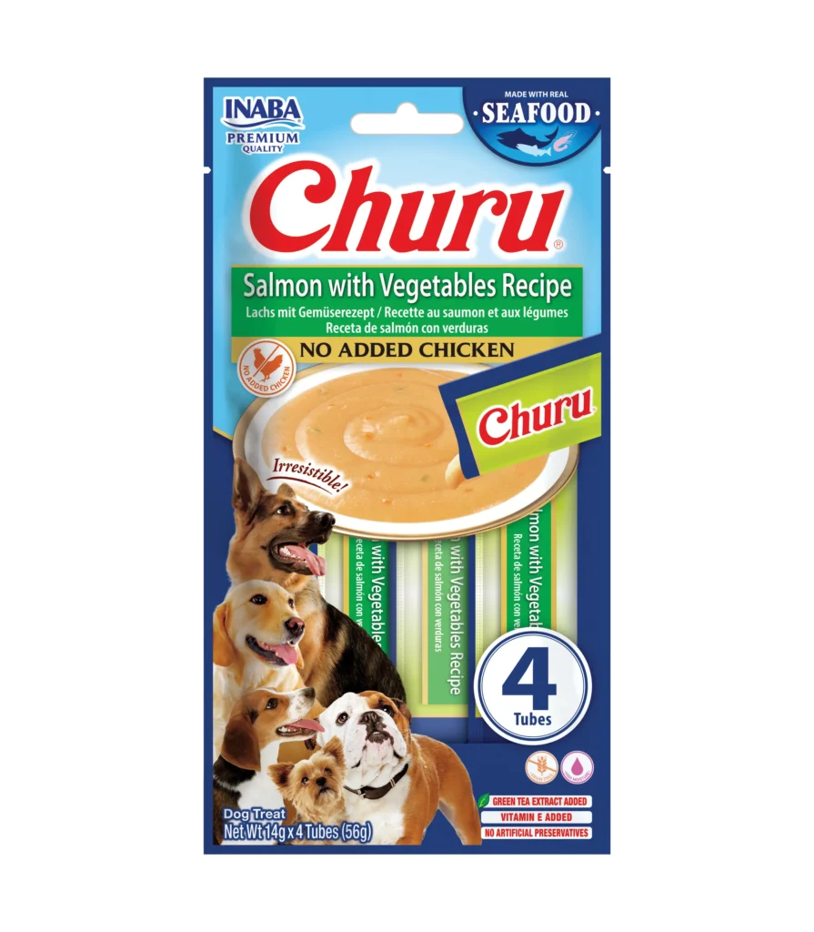 Front packaging of Dog Churu FISH Salmon with Vegtables Recipe