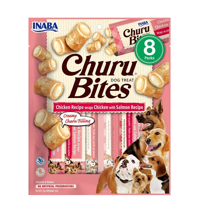 Front packaging of Dog Churu BITES Chicken Recipe wraps Chicken with Salmon Recipe