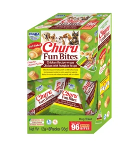 Front packaging of Dog Churu FUN BITES Chicken Recipe wraps Chicken with Pumpkin Recipe
