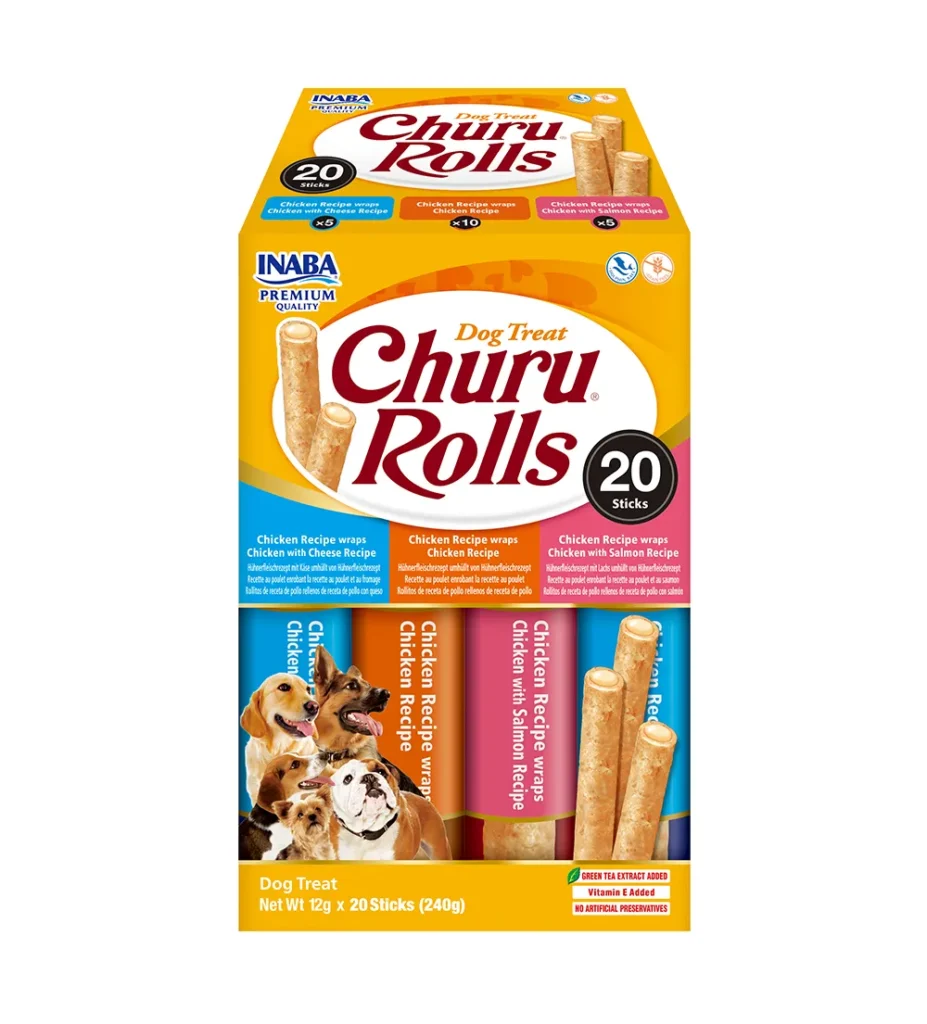 Front packaging of Dog Churu ROLLS 20P Chicken Variety, 20 tubes pack