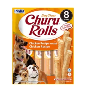 Front packaging of Dog Churu ROLLS Chicken Recipe wraps Chicken Recipe