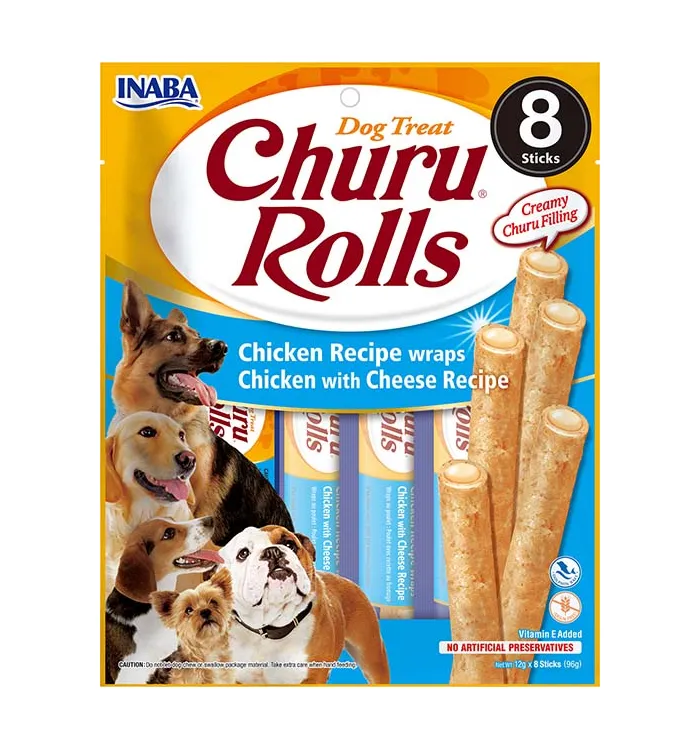 Front packaging of Dog Churu ROLLS Chicken Recipe wraps Chicken with Cheese Recipe