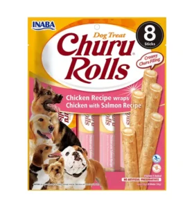 Front packaging of Dog Churu ROLLS Chicken Recipe wraps Chicken with Salmon Recipe