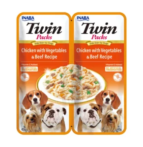 Front packaging of Inaba TWIN PACKS Chicken with Vegetables & Beef Recipe in Chicken Broth