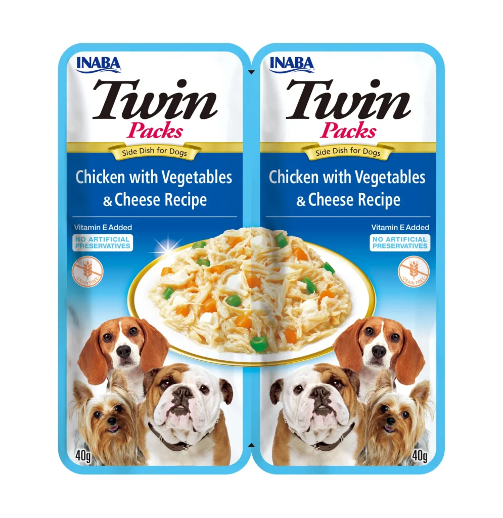 Front packaging of Inaba TWIN PACKS Chicken with Vegetables & Cheese Recipe in Chicken Broth