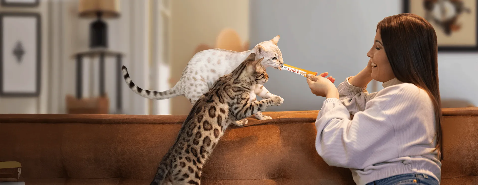 Woman sitting on a sofa with two cats, one of which is eating a Churu product